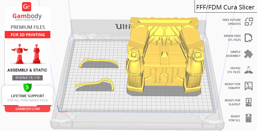A 3D model of a throne for printing, displayed on a virtual print bed in slicing software.