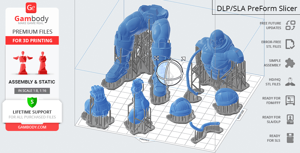 Detailed 3D model parts of a figure seated on a throne, prepared for 3D printing with various assembly pieces.