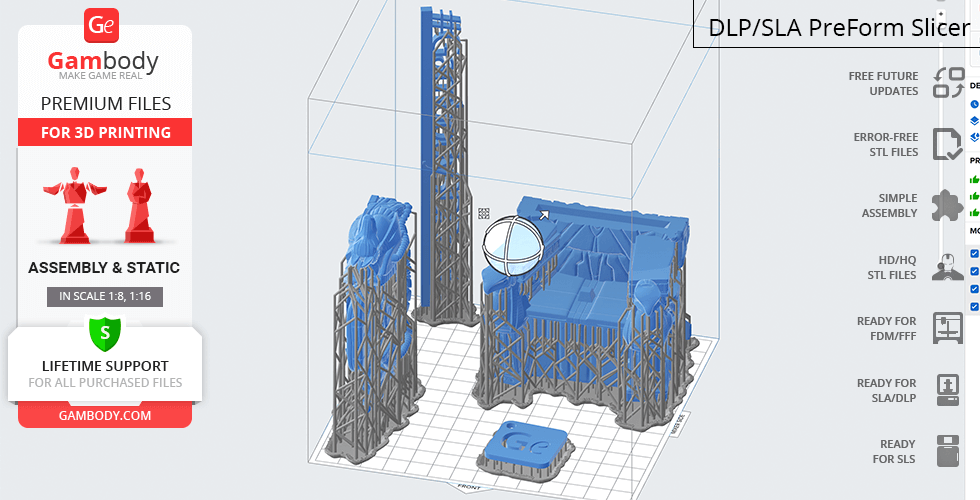 3D model slicing preview of 'Apocalypse on Throne' with support structures in a printing software.