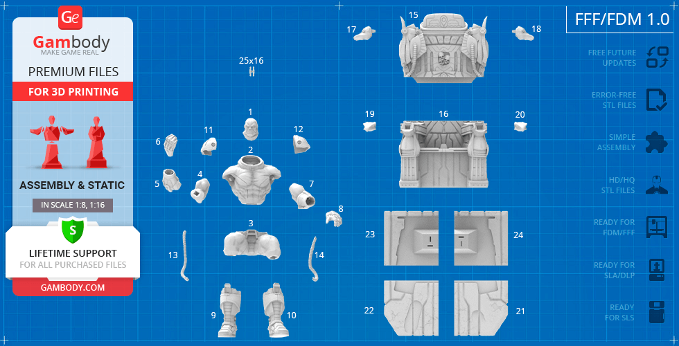 3D model parts for a character seated on a detailed throne, labeled for assembly and 3D printing.