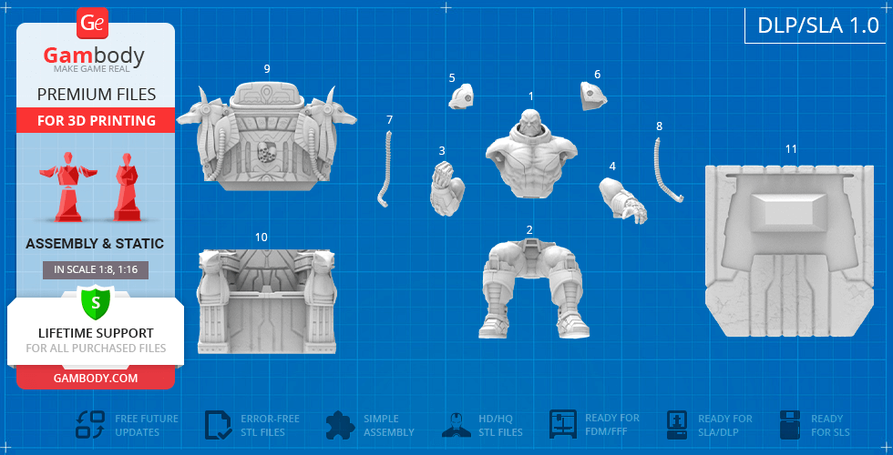 3D model parts of a character on a throne for printing, including torso, arms, and throne components.