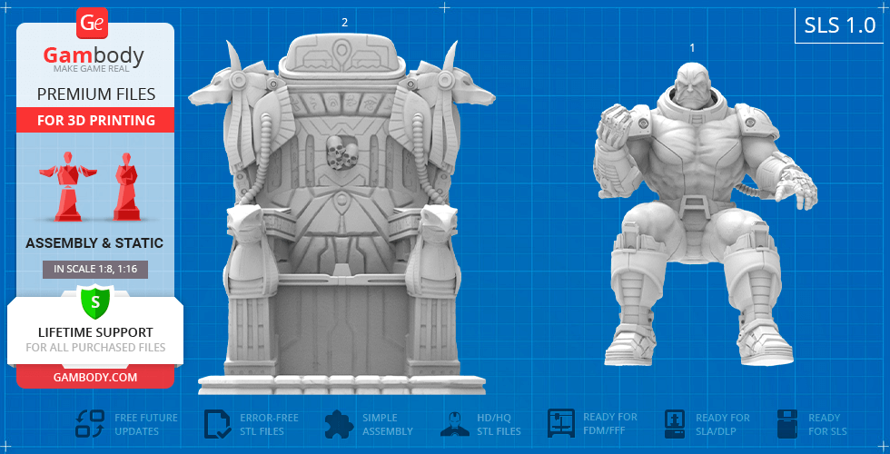 A muscular figure beside an ornate throne, ready for 3D printing in STL format.