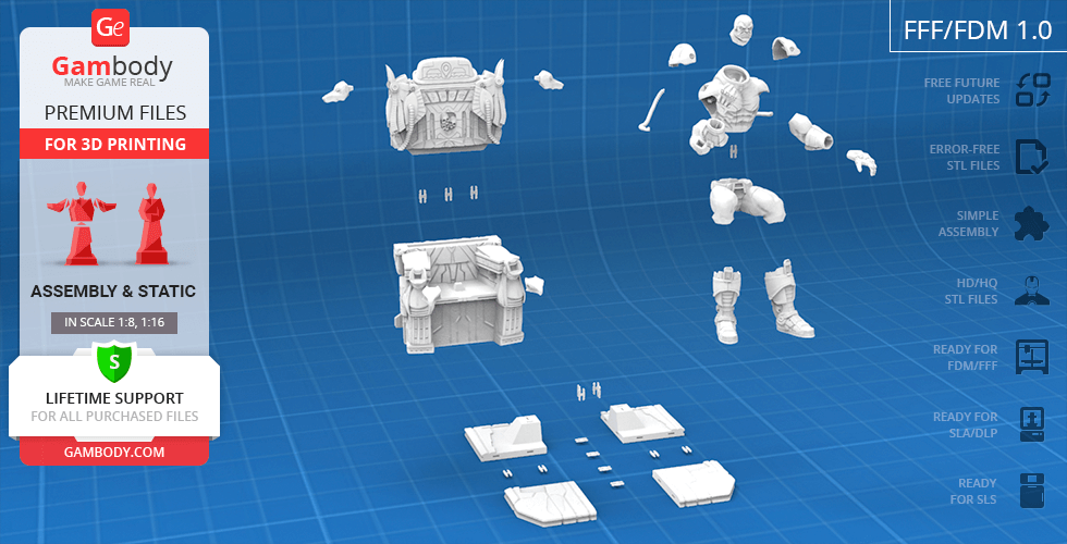 3D model parts of a character on a throne, displayed for assembly and 3D printing, on a blue background.