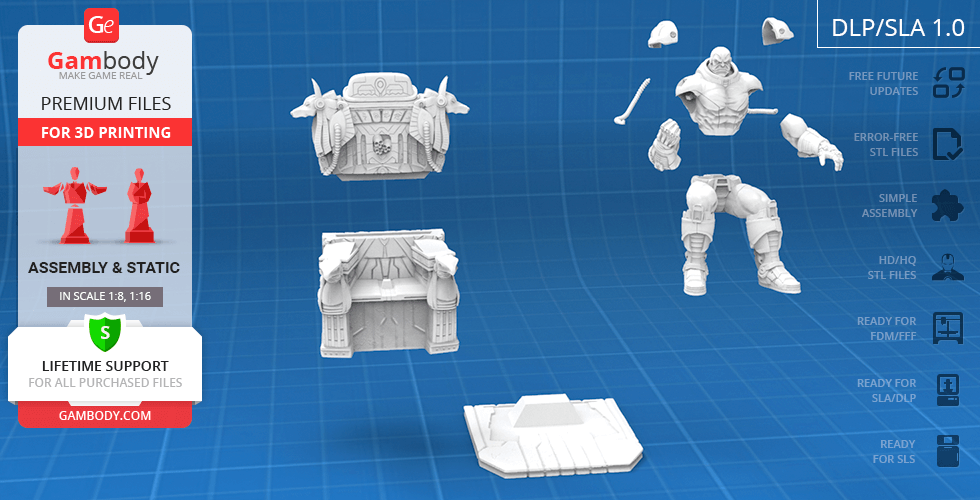 3D printing model of a character on a throne with modular body parts and throne details shown separately.