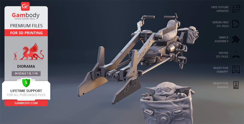 3D model of a speeder bike with a character in a bag, designed for 3D printing by Gambody.