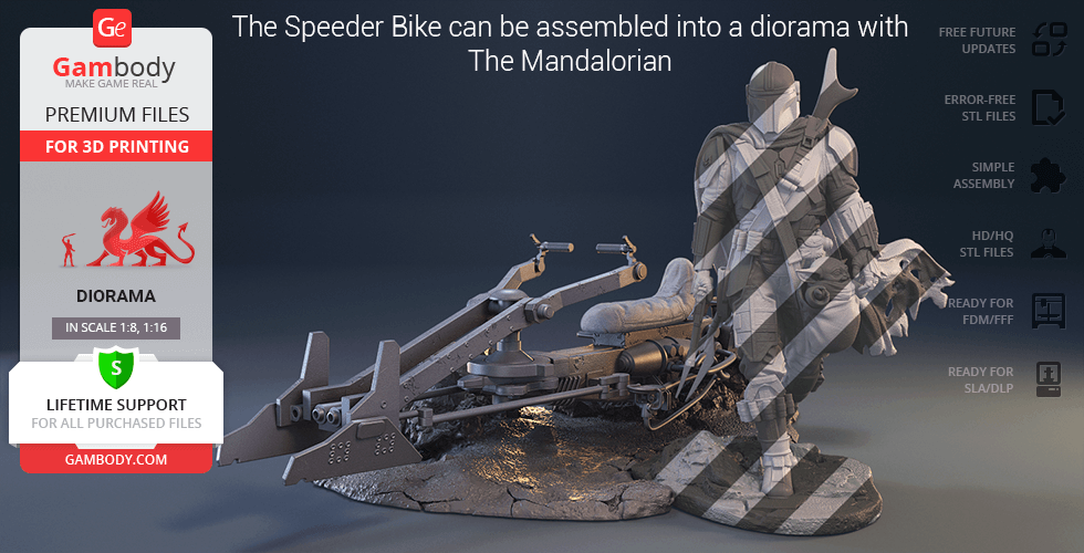 Mandalorian Speeder Bike model for diorama 3D printing, featuring detailed assembly and various scale options.