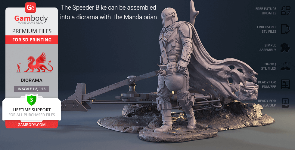 A Mandalorian figure standing beside a detailed speeder bike on a rocky base for 3D printing diorama.