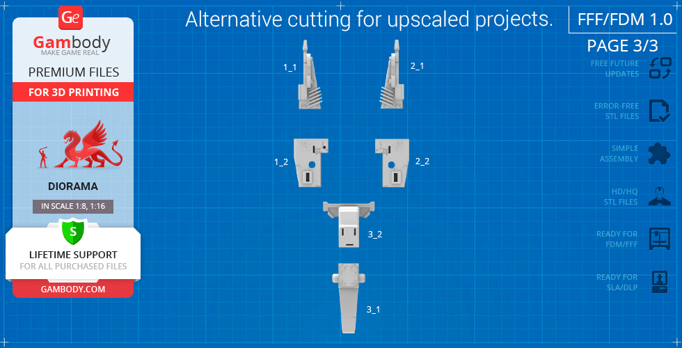 Blueprint for assembling a 3D printable Mandalorian Speeder Bike, showing individual parts and labels.
