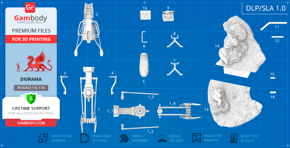 Blueprint of Mandalorian Speeder Bike 3D parts layout for printing and assembly.