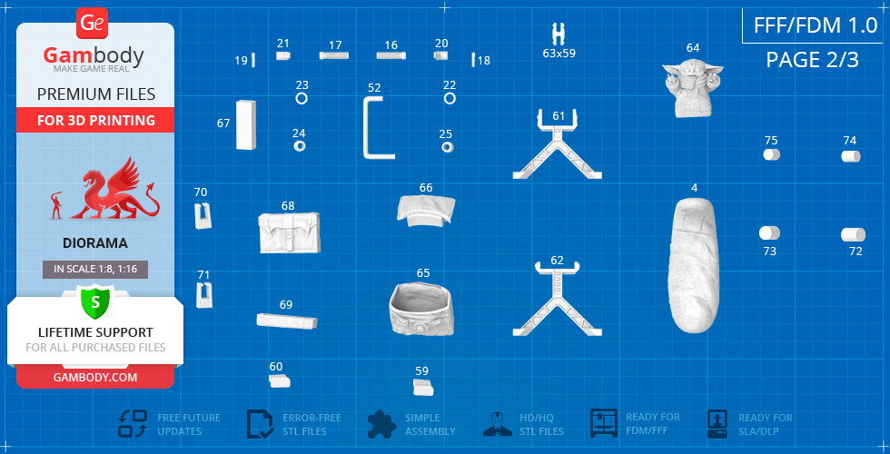 Blueprint with parts for 3D printing a Mandalorian Speeder Bike model, including Baby Yoda figure.