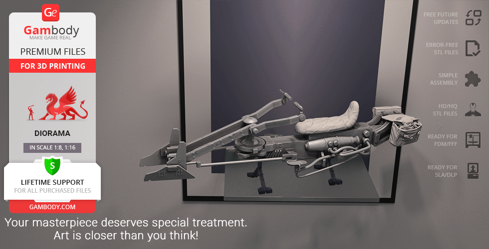 A 3D model of the Mandalorian Speeder Bike, ready for printing, with assembly and scale details.
