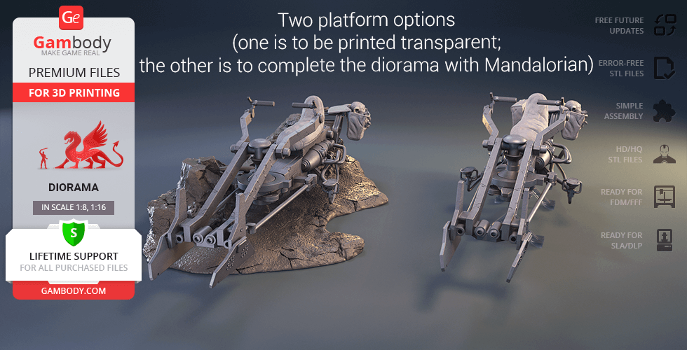 Two detailed Mandalorian speeder bike models with rocky platforms, designed for 3D printing.