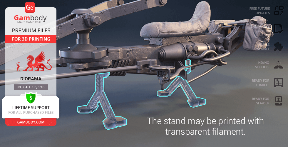 A detailed 3D model of the Mandalorian Speeder Bike with transparent filament stand options.