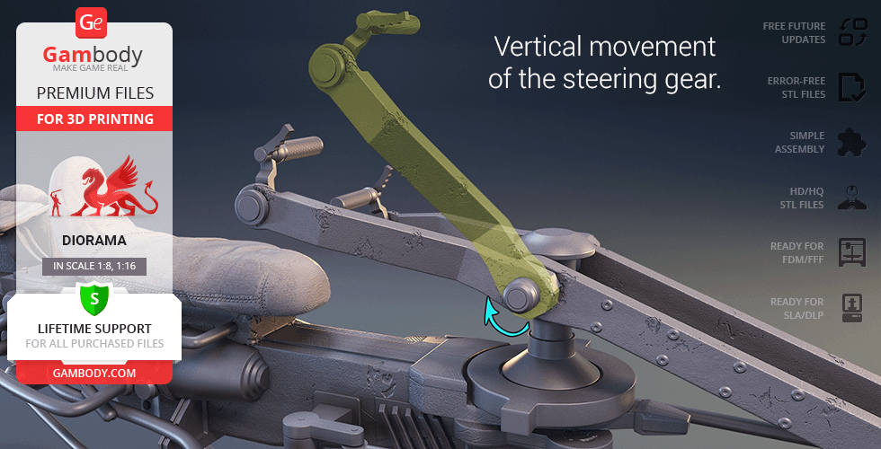Close-up of a 3D model of a speeder bike steering gear with adjustable vertical movement, created for 3D printing.