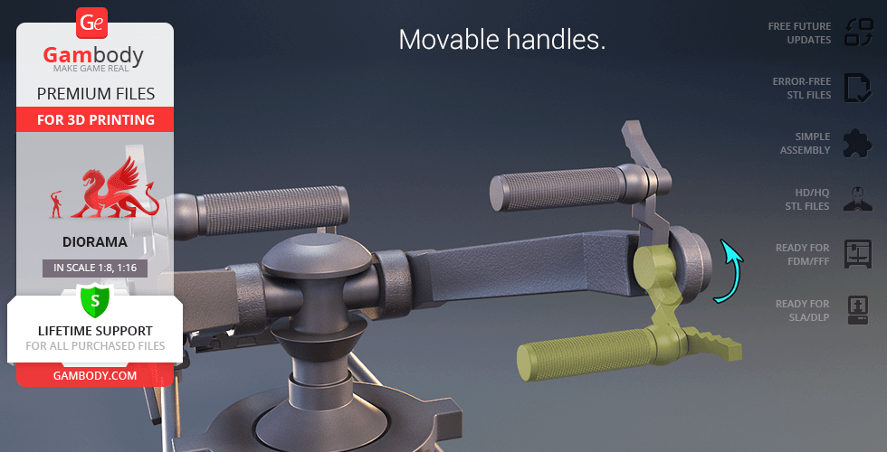 3D model of The Mandalorian Speeder Bike with movable handles for printing, showcasing features and support.