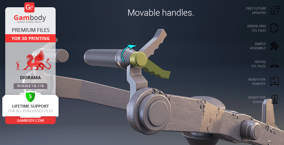 A 3D model of The Mandalorian's speeder bike with movable handles highlighted for printing.