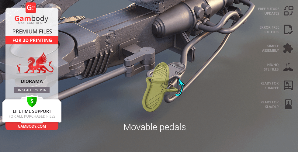 A detailed close-up of a 3D printed Mandalorian speeder bike's mechanical part with movable pedals.