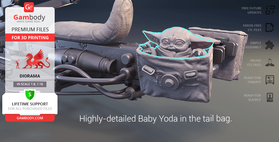 3D model of a speeder bike with Baby Yoda in a tail bag for printing.