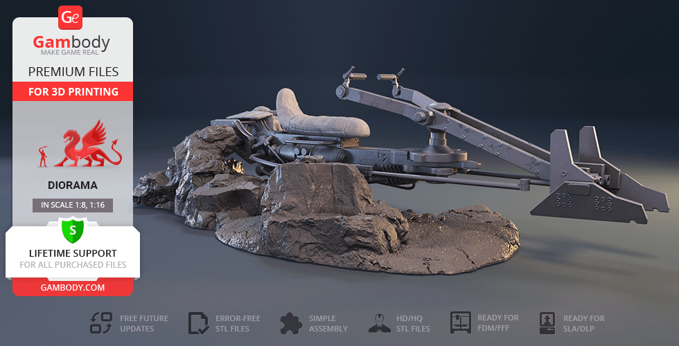 A detailed 3D model of a speeder bike on a rocky base, designed for 3D printing dioramas.