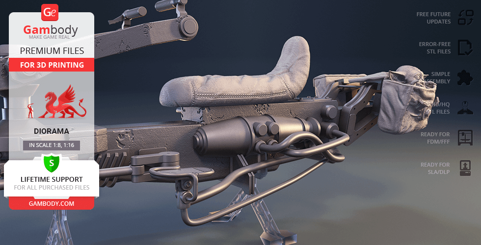 A detailed 3D model of a futuristic speeder bike, ready for 3D printing, displayed on a stand.