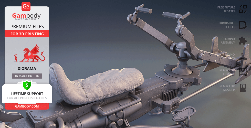 A detailed 3D model of a speeder bike from 'The Mandalorian,' available for 3D printing via Gambody.