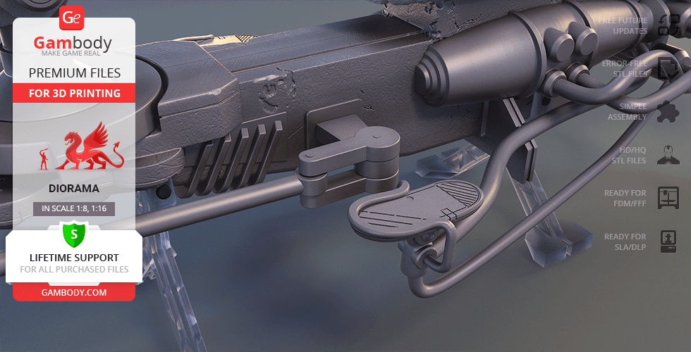 A detailed 3D model of a speeder bike from 'The Mandalorian' for printing, shown with assembly features.