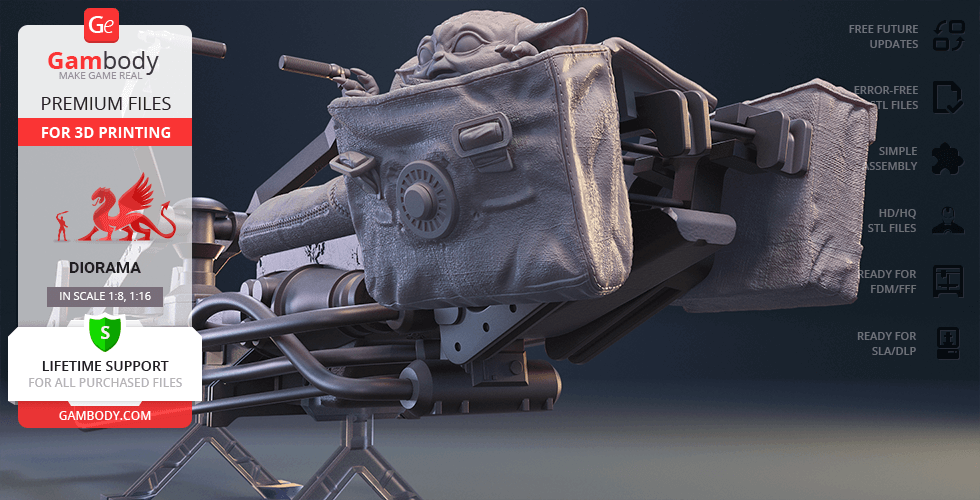 A detailed 3D model of a speeder bike with bags, designed for 3D printing, from a sci-fi series.