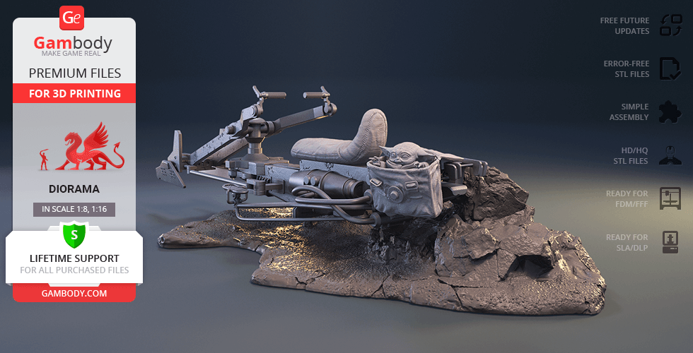 3D model of a detailed speeder bike on rocky terrain for 3D printing, featuring intricate mechanical parts.