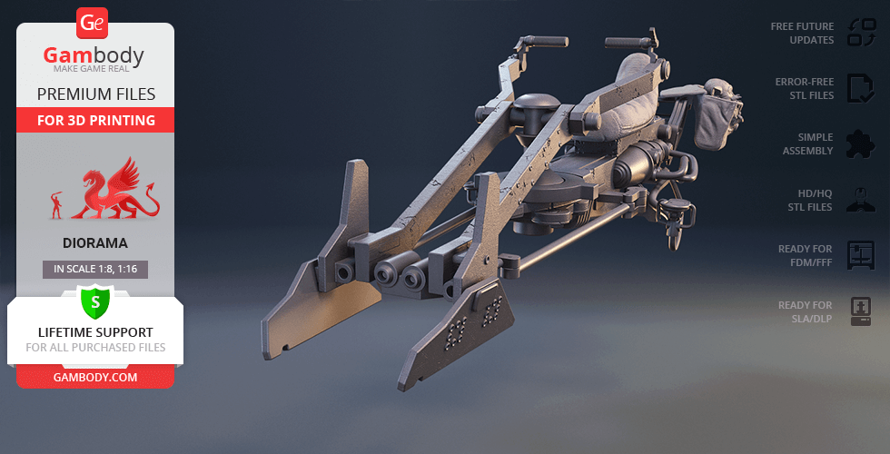 3D model of a detailed sci-fi speeder bike, designed for 3D printing.