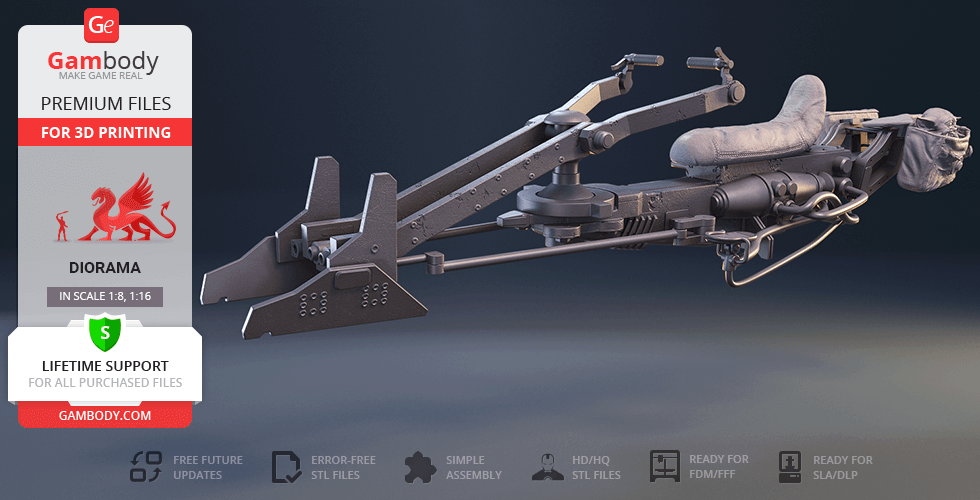 A detailed 3D model of a Mandalorian Speeder Bike for 3D printing, shown in a side view.