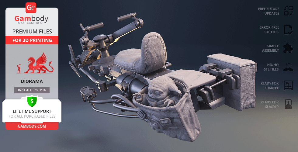 A detailed 3D model of a speeder bike for printing, featuring a seat and a character in front with controls.