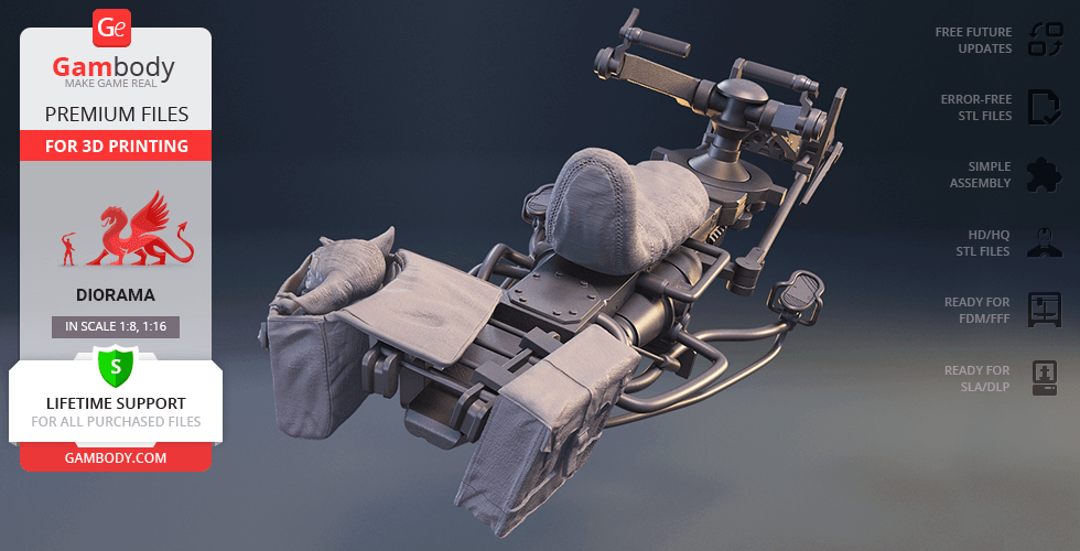 A detailed 3D model of The Mandalorian's speeder bike, showing intricate design and components.