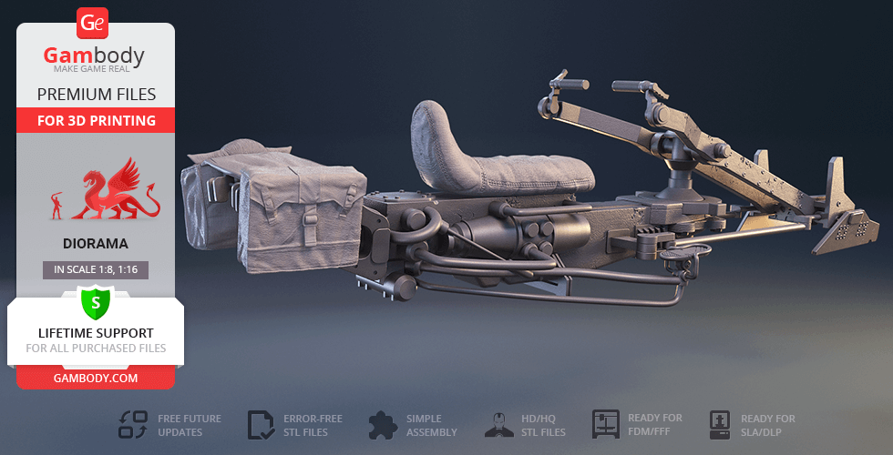 A detailed 3D model of a Mandalorian speeder bike, optimized for 3D printing.