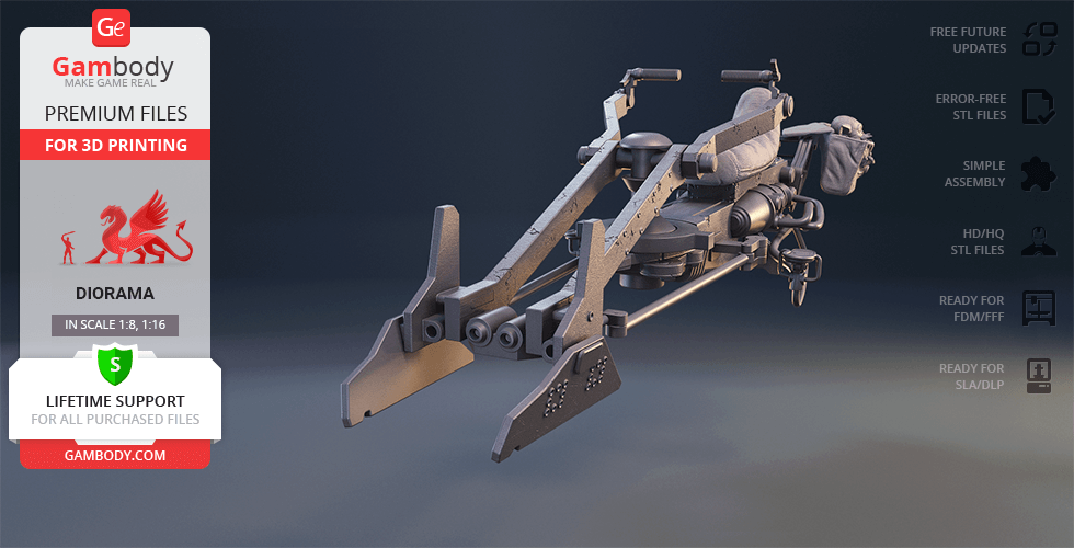 A detailed 3D model of a Mandalorian speeder bike, designed for 3D printing.