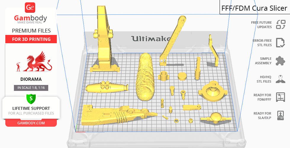 STL files layout for 3D printing a Mandalorian Speeder Bike, featuring various bike parts on a print bed.