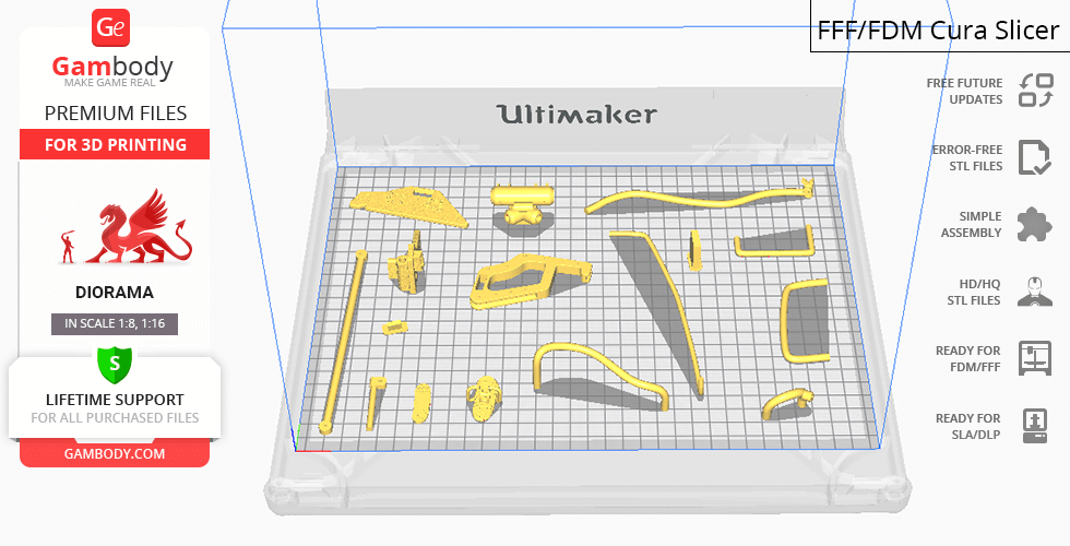 STL file layout of Mandalorian Speeder Bike parts for 3D printing, displayed on a grid in Cura Slicer.