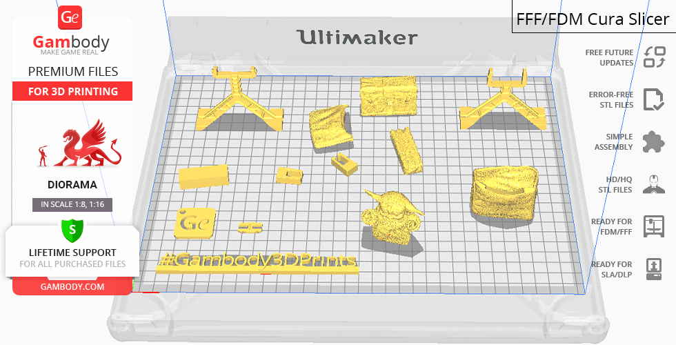 Image shows 3D printable parts for The Mandalorian Speeder Bike, arranged on a virtual print bed.