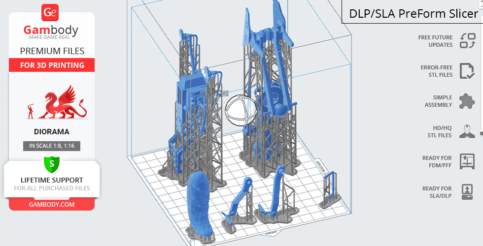 3D print layout of a Mandalorian speeder bike with supports in slicer software.