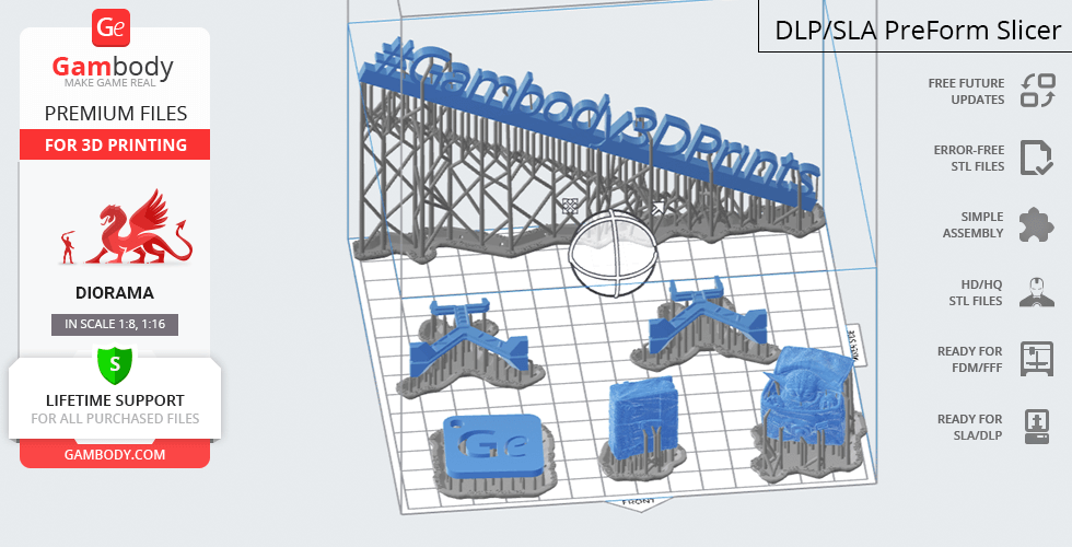 3D print layout including Mandalorian speeder bike parts and Gambody logo on a grid platform.