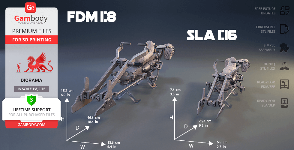 3D model of The Mandalorian speeder bike, shown in FDM 1:8 and SLA 1:16 scales, with dimensions.