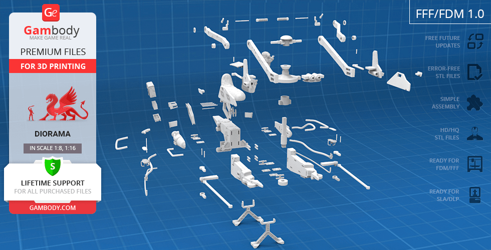 3D printing pieces for assembling a Mandalorian Speeder Bike diorama, displayed on a blueprint background.