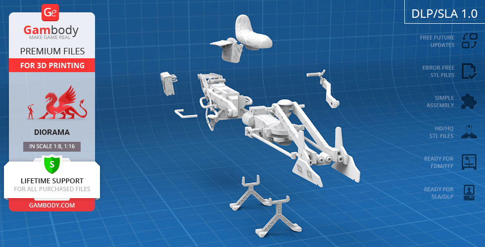 A 3D model of a disassembled Mandalorian speeder bike, designed for 3D printing with STL files.