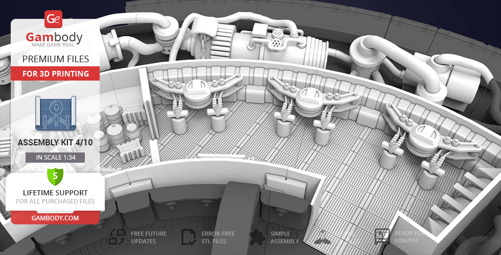 Detailed 3D model of the Millennium Falcon's interior parts for 3D printing, shown with assembly details.