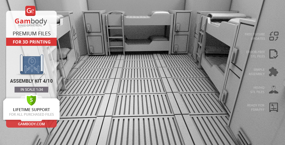 3D printed room with bunk beds and storage, resembling a sci-fi interior.