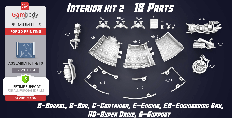 3D model kit of 18 parts for the Millennium Falcon interior, including barrels, engines, and support structures.