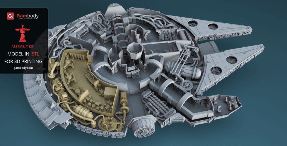 Detailed 3D model of the Millennium Falcon interior with various sections and components visible.