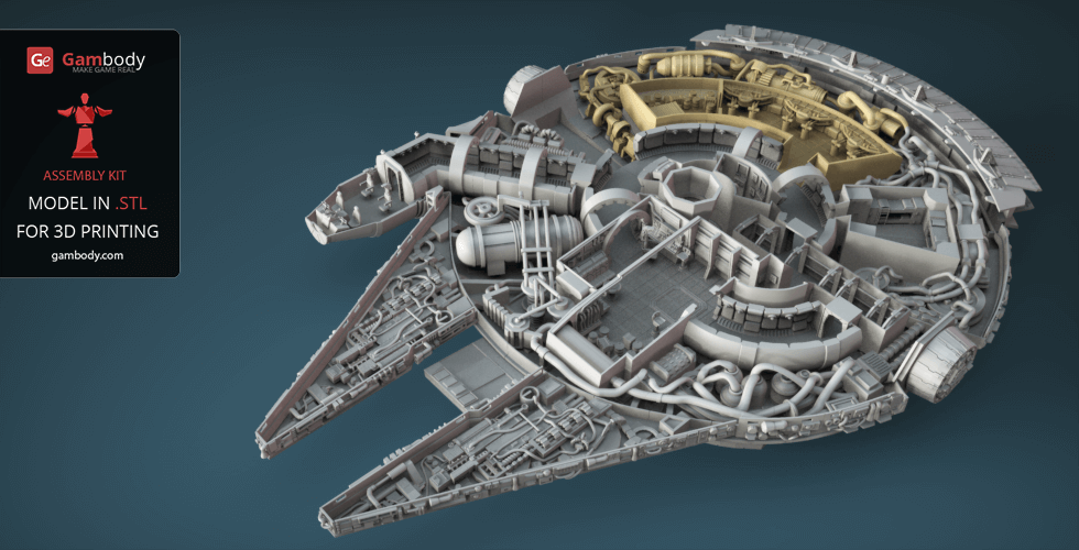 3D model of the Millennium Falcon's detailed interior for 3D printing with various compartments and structures.