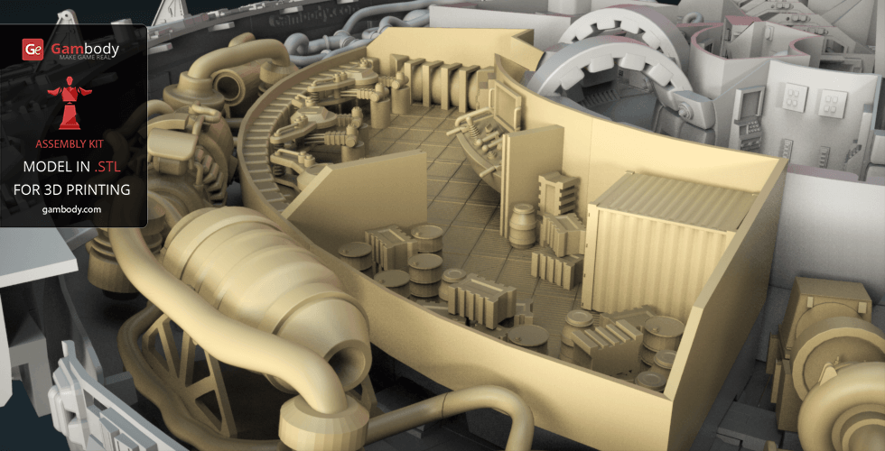 Detailed 3D model of the Millennium Falcon interior parts for printing, showing mechanical components and controls.