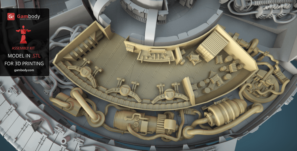 Detailed 3D model of the Millennium Falcon's interior parts for printing, showing intricate components and machinery.