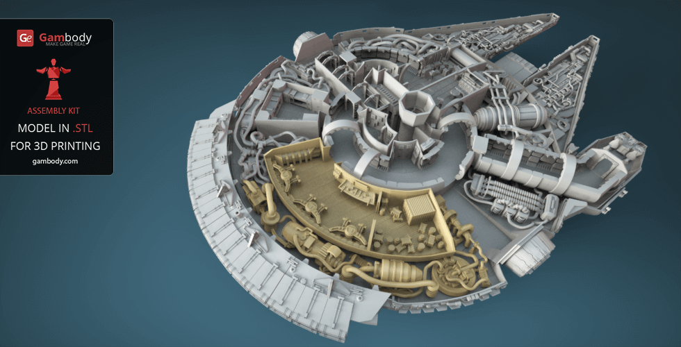 3D model of Millennium Falcon interior parts, complex mechanical details for printing.